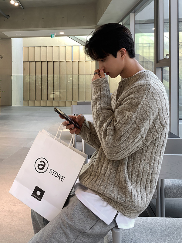 ASCLO极简亨利领麻花套头毛衣男秋冬慵懒保暖穿搭韩版宽松针织衫|undefined