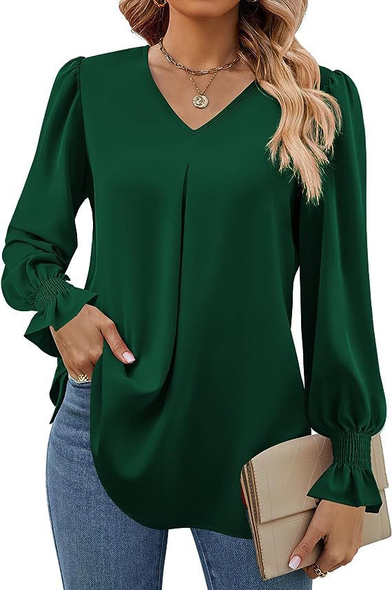 Las mujeres europeas y americanas transfronterizas de Amazon Otoño e Invierno nueva camisa de gasa sólida con cuello en V suéter camisa de manga larga de cuerno