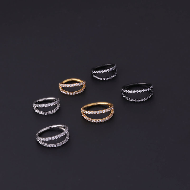Stainless Steel Double Row Carved Zircon Seamless Closed Nose Ring Puncture Nose Studs