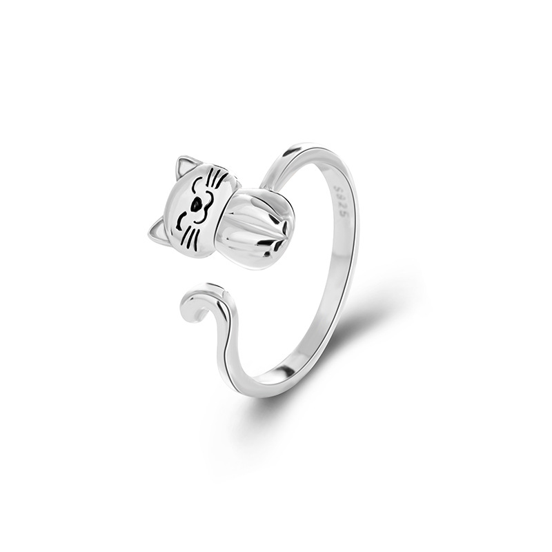 temu transfronterizo nuevo anillo de gato de plata esterlina 925 mujeres ins japonés y coreano diseño de nicho simple abertura de anillo de niña