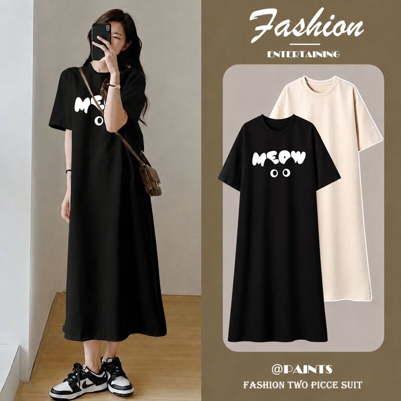 Maternity wear Korean style pure cotton short-sleeve T-shirt dress 2026 summer new loose cat print long slit dress Maternity wear Korean style pure cotton short-sleeve T-shirt dress 2026 summer new loose cat print long slit dress