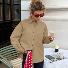休闲工装衬衣女2025秋季通勤宽松卡其色纯棉翻领女式衬衫外贸上衣