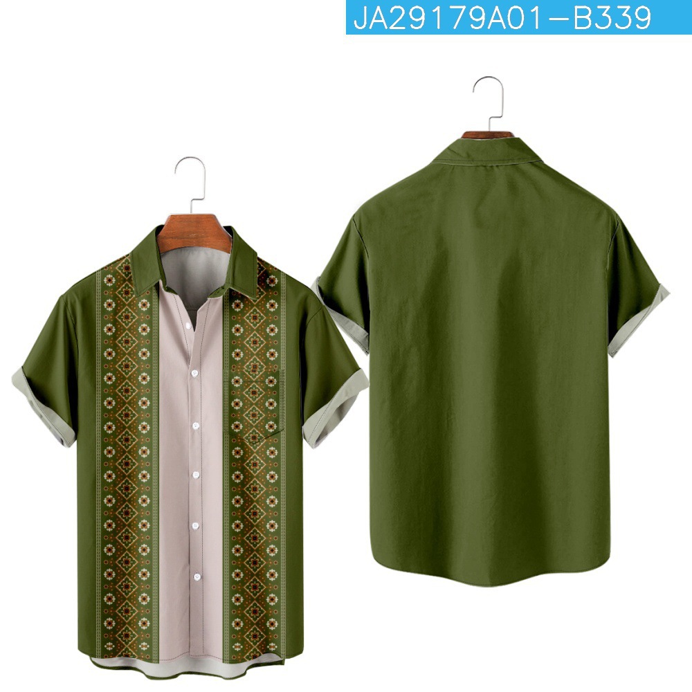 2023 nuevo verano transfronterizo rayado floral 3D Impresión digital manga corta moda solapa camisa de bolsillo de los hombres