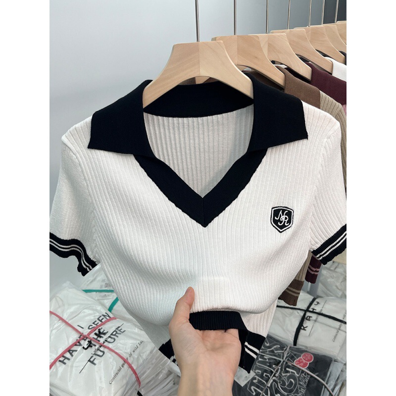 Unique and Chic Sweet Hottie Short V-Neck Ice Silk Knitted Polo Shirt Top Design Niche Short-Sleeved T-Shirt for Women Summer