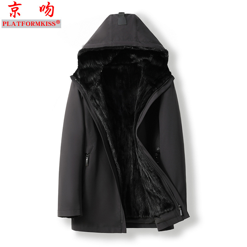 New winter mink liner detachable parka men's fur integrated hooded nylon overcoat coat