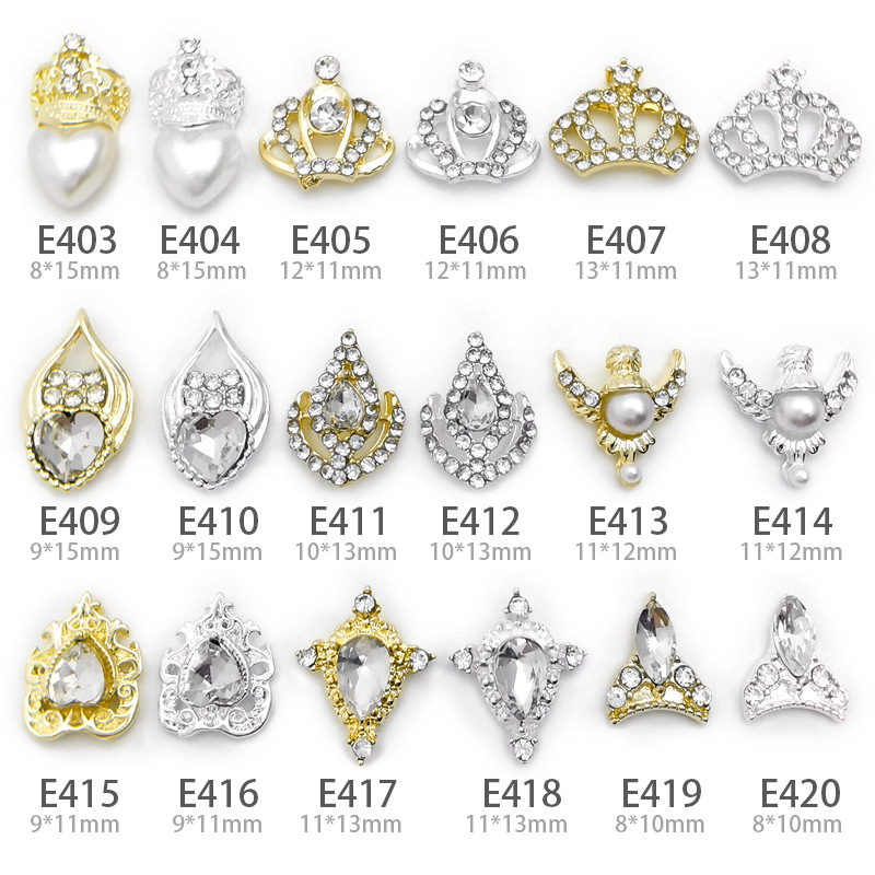 Nuevo transfronterizo europeo y americano estilo corona uñas joyería mezclado lote exquisito en forma de corazón rhinestone Cruz uñas rhinestone venta al por mayor