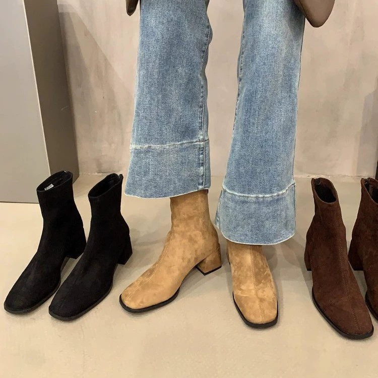 Толстые каблуки цвета хаки тощие ботинки маленькие ботинки женские ботинки 2024 новые осенние и зимние корейские ботильоны сапоги Мартин сапоги