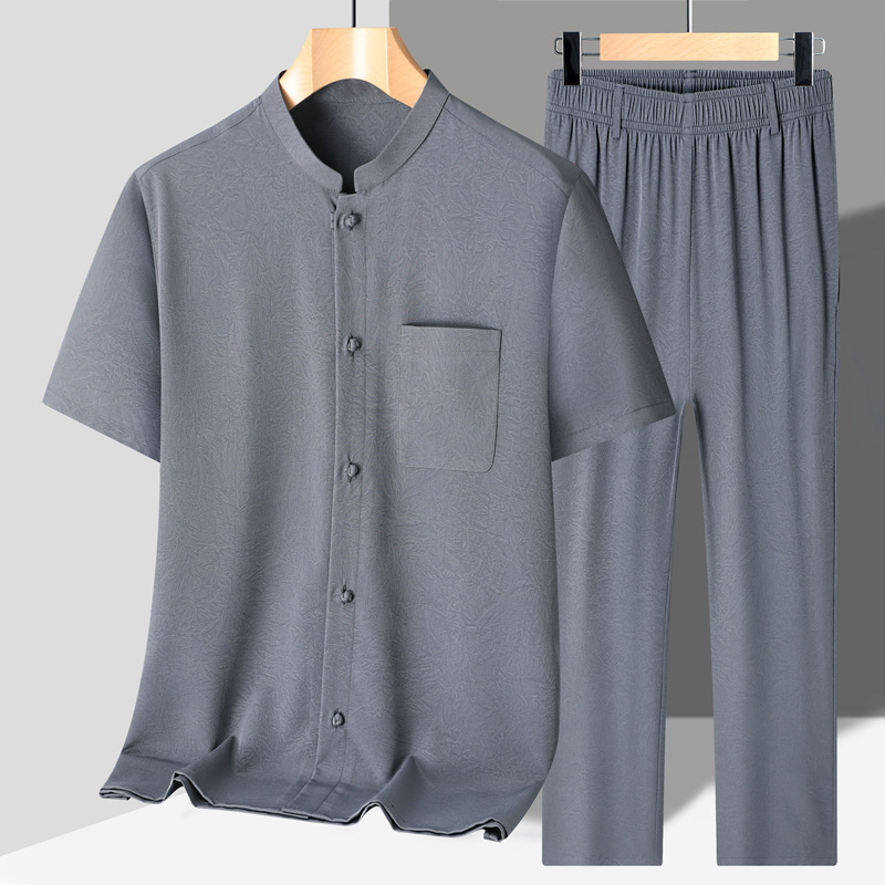 Summer Dad's Ice Silk Short-Sleeved Shirt, Chinese Style Tang Suit, Middle-Aged and Elderly Men's Clothing, Casual Suit