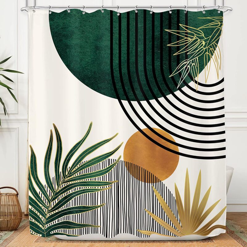 Komllex Medieval Green Bohemian Shower Curtain, Abstract Modern Bathroom Shower Curtain, Plant Minimalism