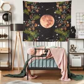 夜晚月亮花草风景图案印花挂毯 客厅卧室装饰挂画背景布