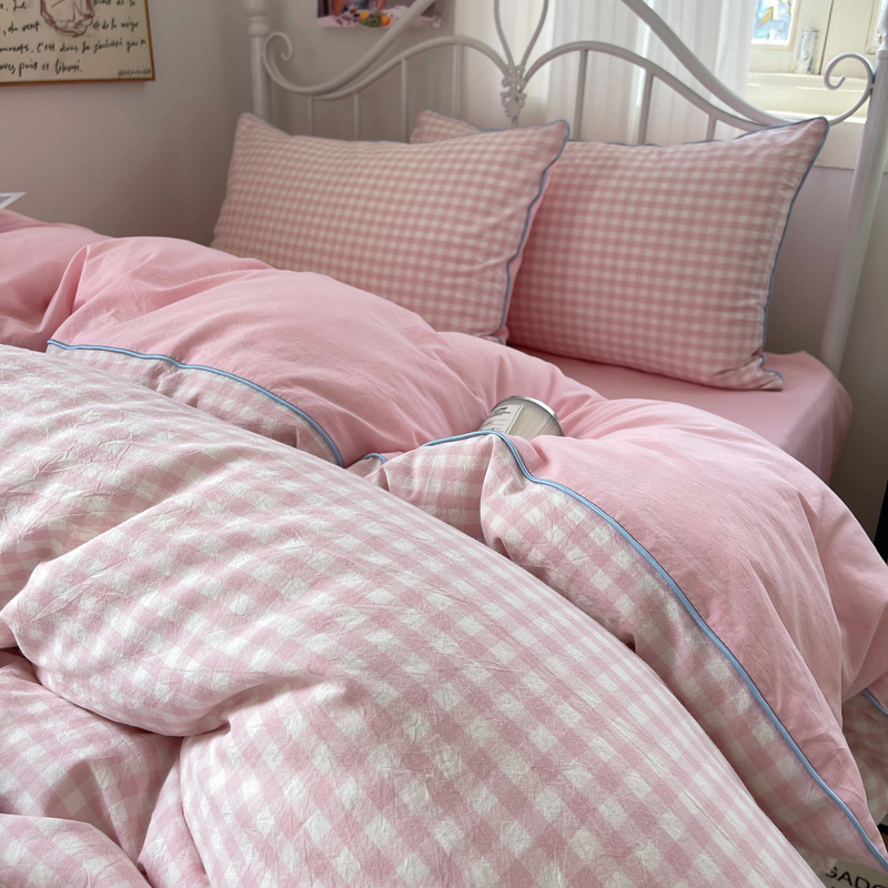 Gingham Bedding Set 4-piece Duvet Cover For Winter Dormitory_voghion.com