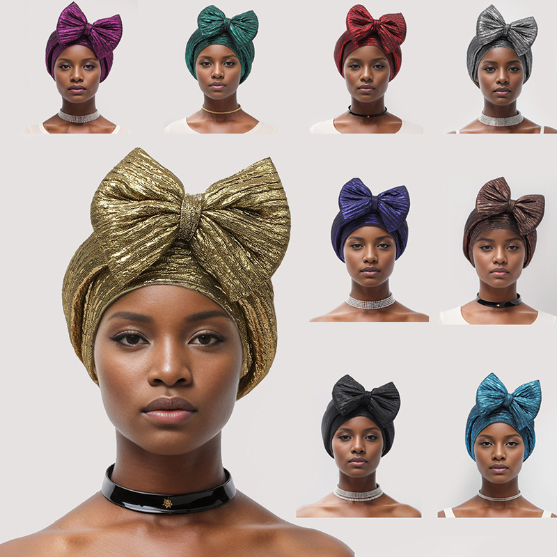 Muslim hat Fashion hot gold forehead big bow African bun hat stretch comfortable headscarf hat_viptrois.com