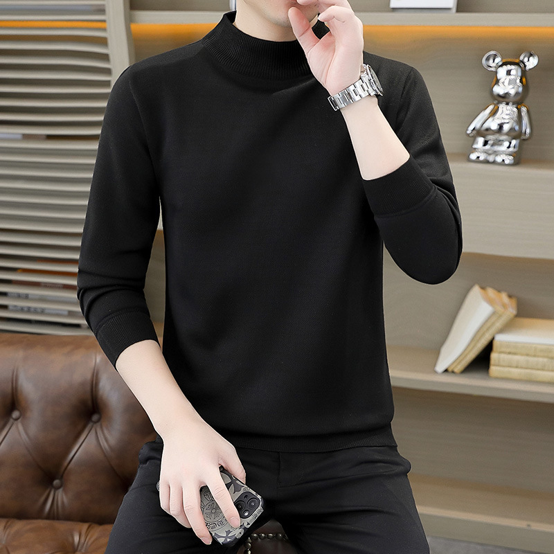 Cross-border Rep-hair Men's Sweater Half-turtleneck Autumn and Winter Slim-fit All-match Knitted Base Shirt Pure Black