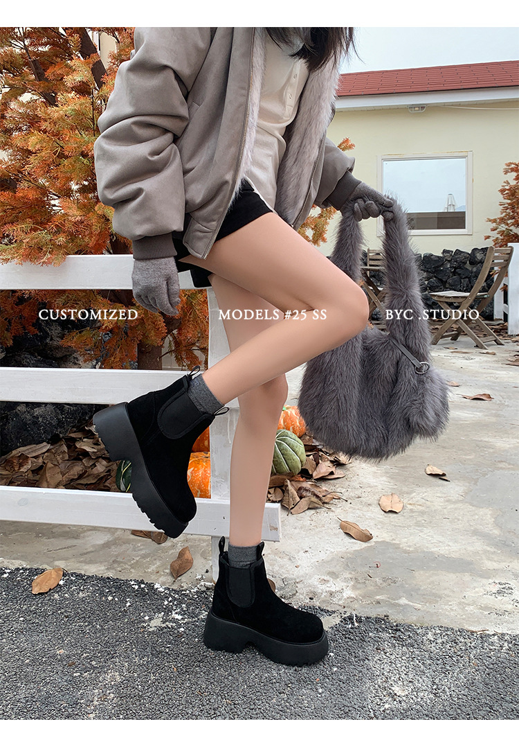 Boot Chelsea nữ da dê lót lông cừu đế dày platform ấm mùa đông — màu đen chi tiết 14