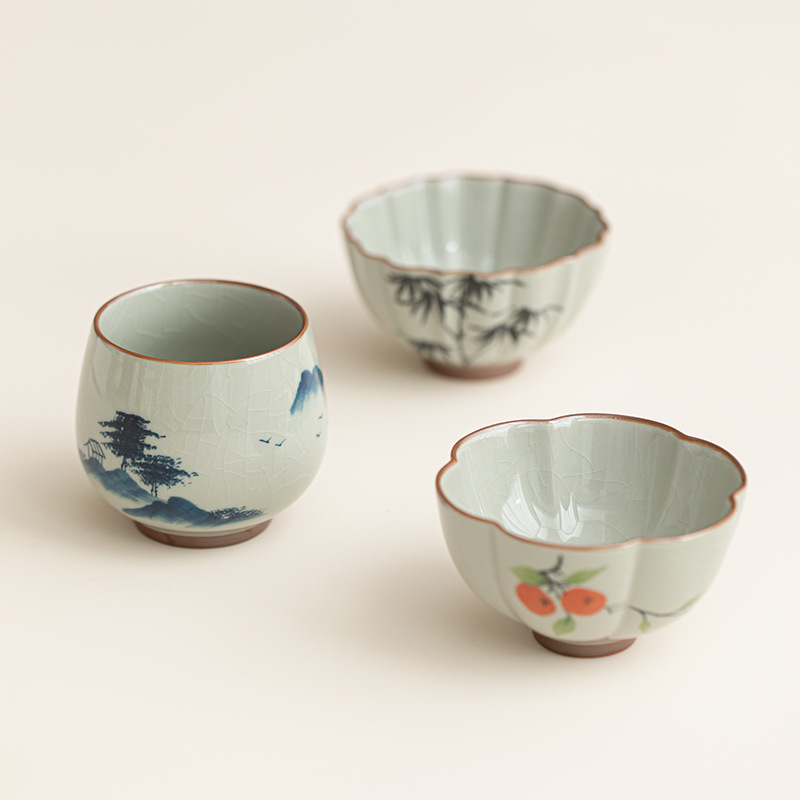 包邮哥窑手绘茶杯陶瓷大号功夫主人杯组合轻奢礼盒装高端伴手礼品