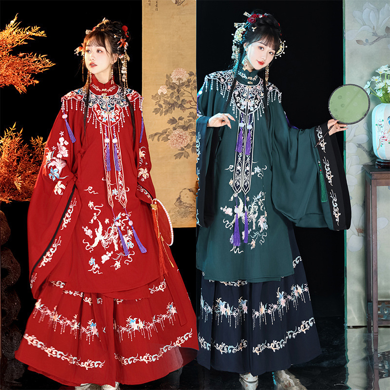 Original Hanfu Women's Ming Chinese Style Long Shirt Embroidered Cloud Shoulder Flower Wedding Red Ancient Dress Wedding Dress Spring Daily suit