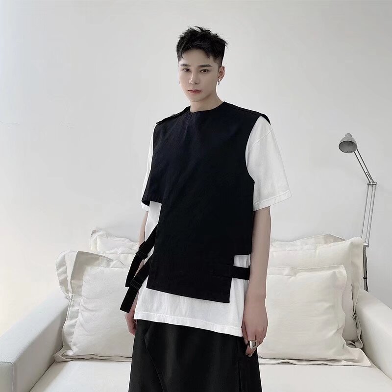 2025 verano nuevo estilo de estilo de Hong Kong personalidad hip-hop multifunción irregular empalme chaleco sin mangas hombro de la moda estudiantil