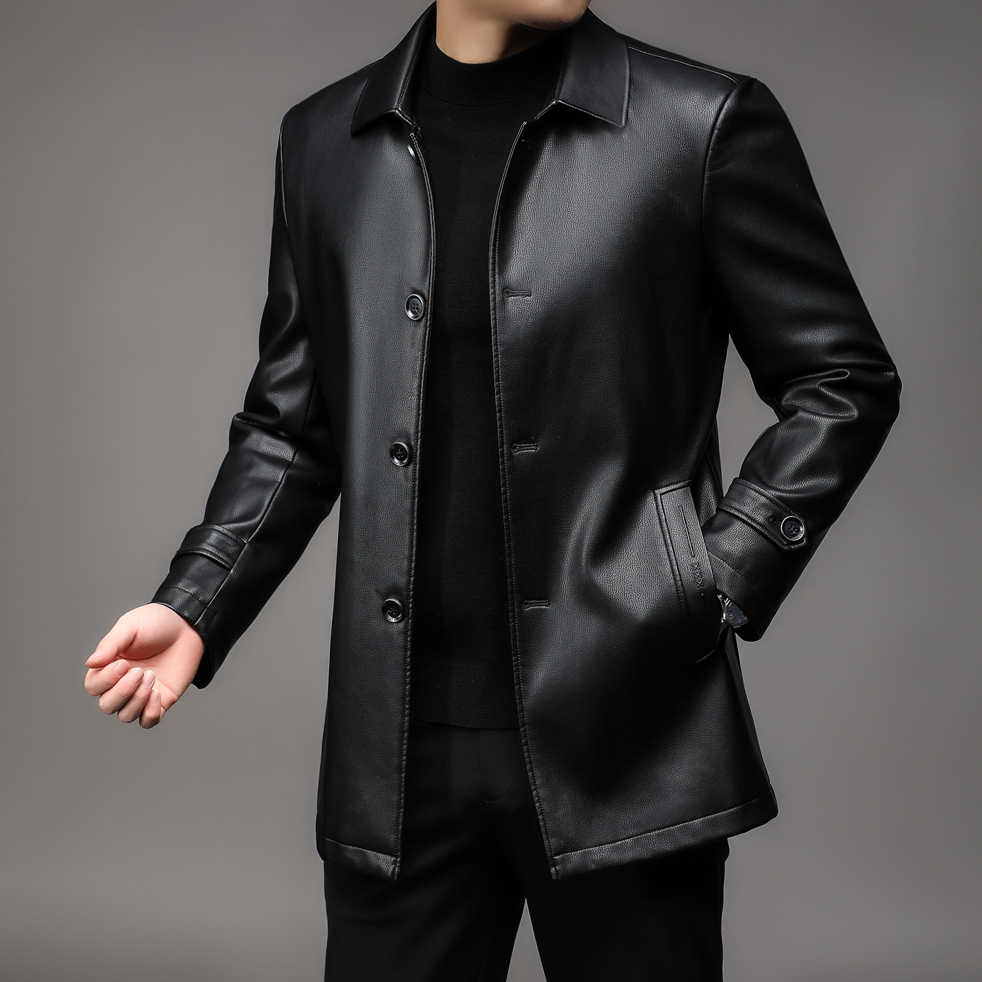 Autumn and Winter New Style Fleece-Lined Thickened Mid-Length Leather Jacket for Men 2026, Turn-Down Collar Pu Leather Coat, Men's Leather Trench Coat