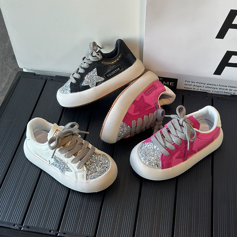 Туфли для девочек с блестками звезды туфли с низким верхом 2024 весной и осенью новые повседневные мальчики легкие дышащие кроссовки