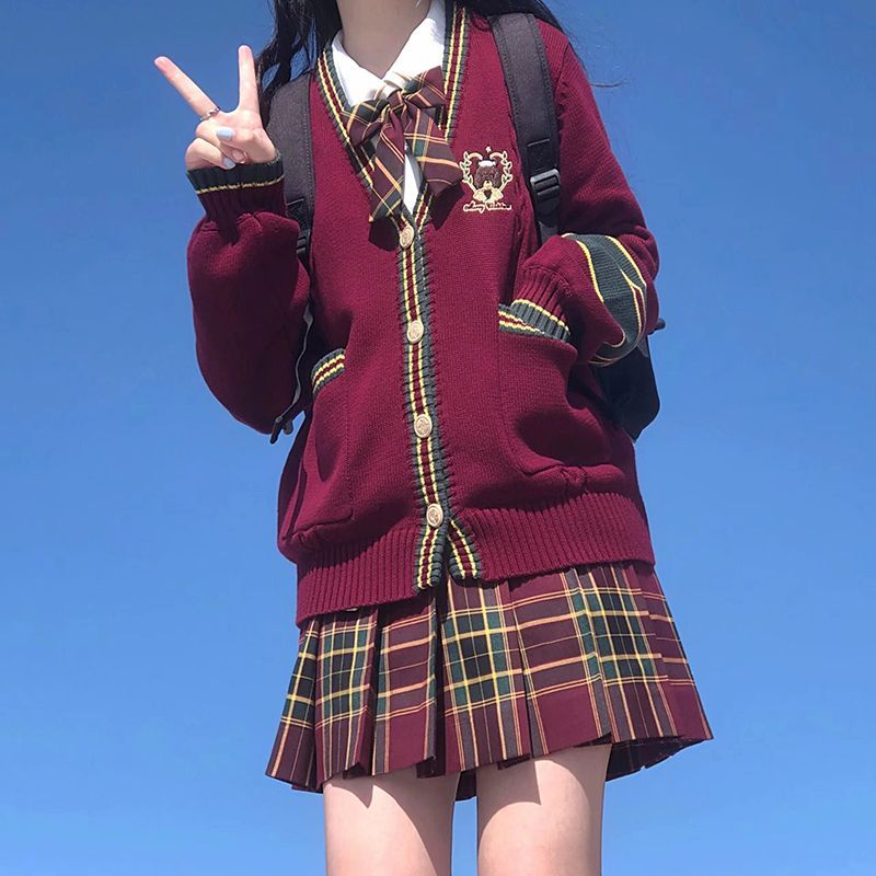 크리스마스 베어 풀 세트 호손 JK 유니폼 스웨터 V-넥 카디건 여성 일본 대학 스타일