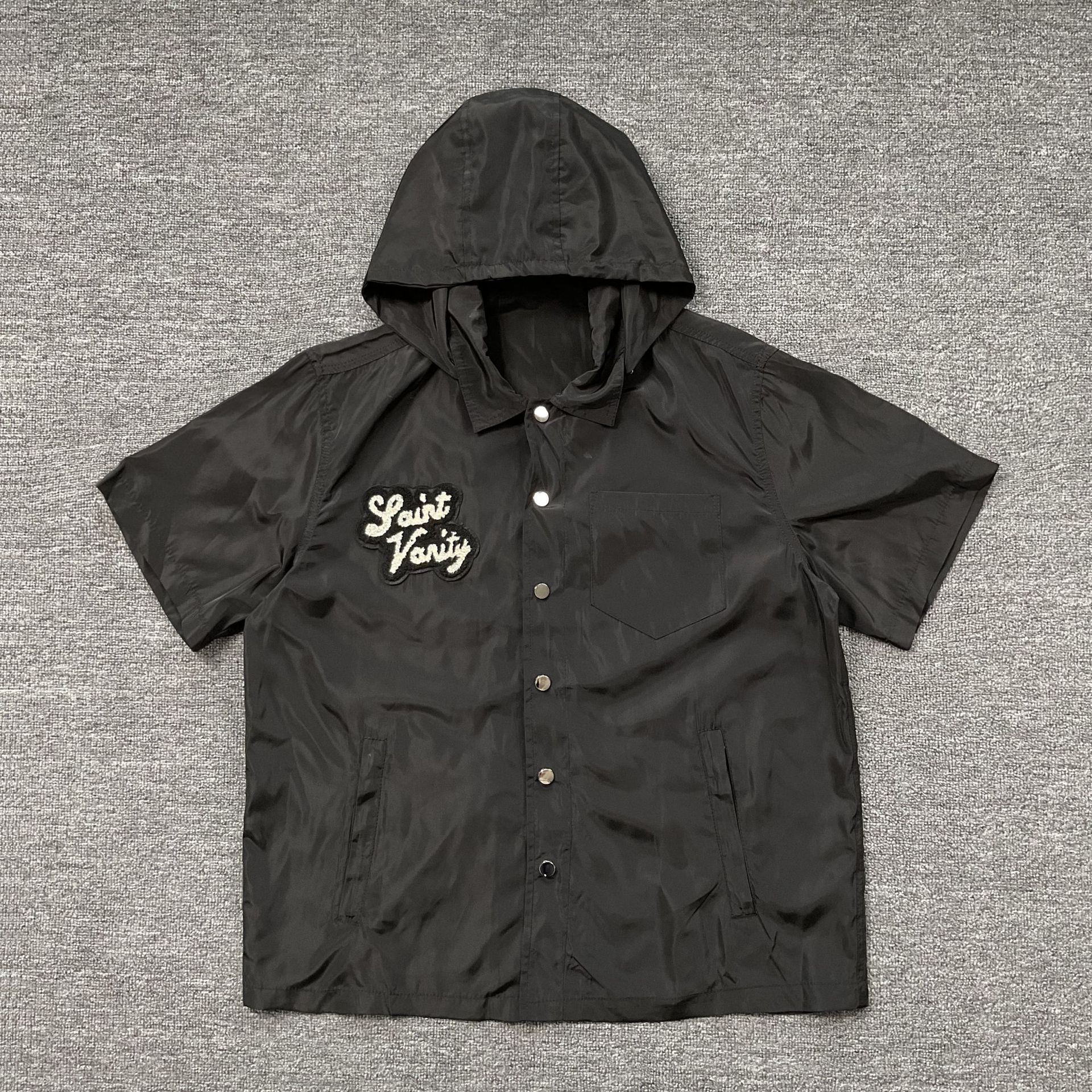 Saint Vanity Nylon Button Up Hooded Shirt Black