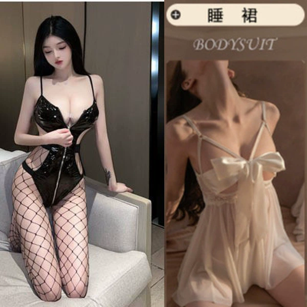 (Neck rope+conjoined leather jacket+model of the same black net socks)+white nightdress