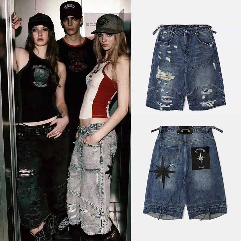 Badblood American Retro Casual Loose Ripped Denim Mid-Pants Sexy Light Blue Street Wide-Leg Cropped Pants Badblood American Retro Casual Loose Ripped Denim Mid-Pants Sexy Light Blue Street Wide-Leg Cropped Pants