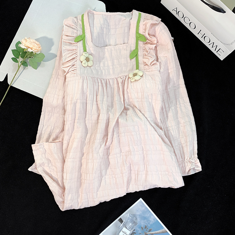 Pijama de flores de manga larga con cojín de pecho, vestido de cuello cuadrado de otoño de mujer, princesa, viento suelto, pijama de algodón, ropa para el hogar.