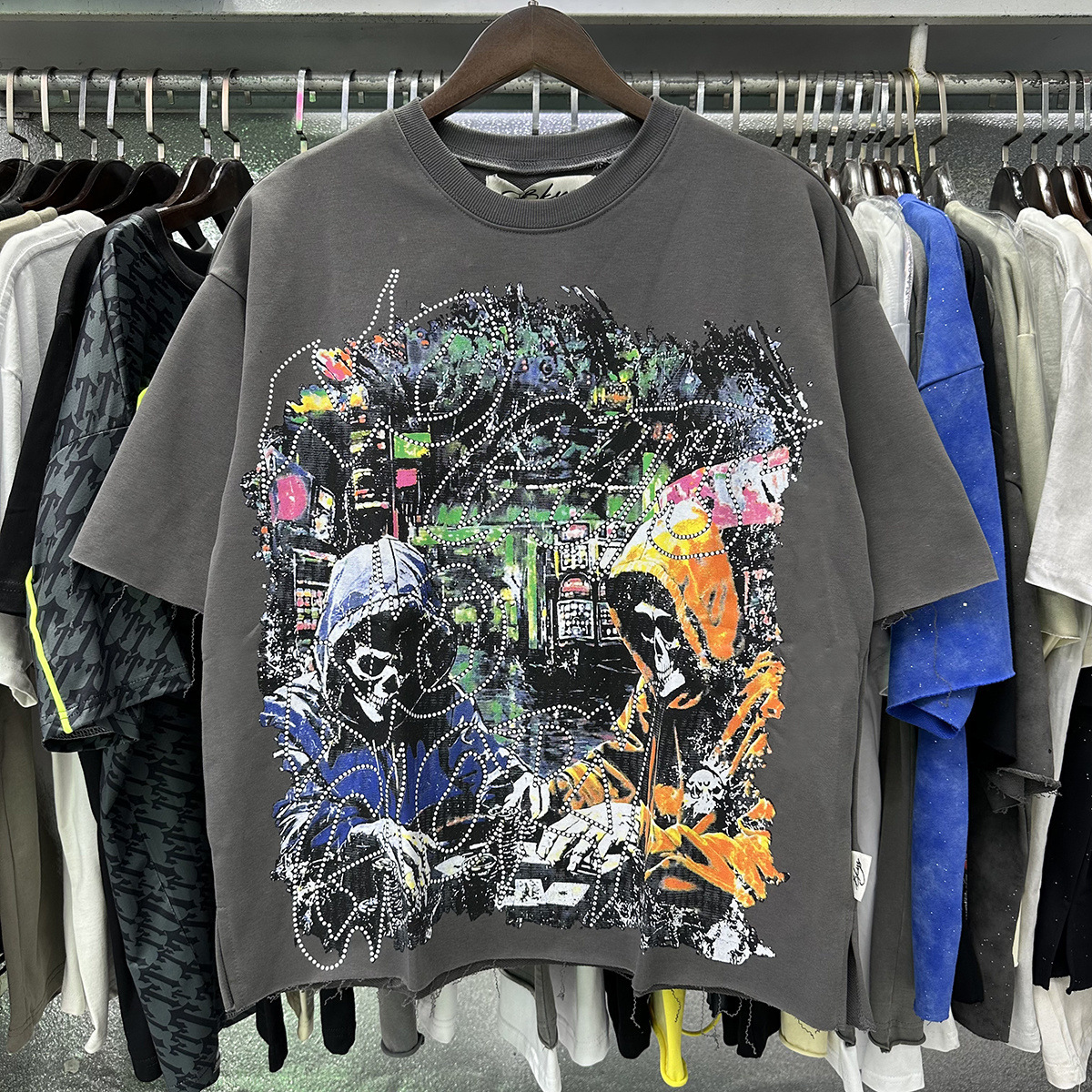 Transfronterizo nueva venta en caliente BKS camiseta de manga corta extraña esqueleto retro lavado de agua caliente perforación en caliente para hombres y mujeres de moda en stock lotes