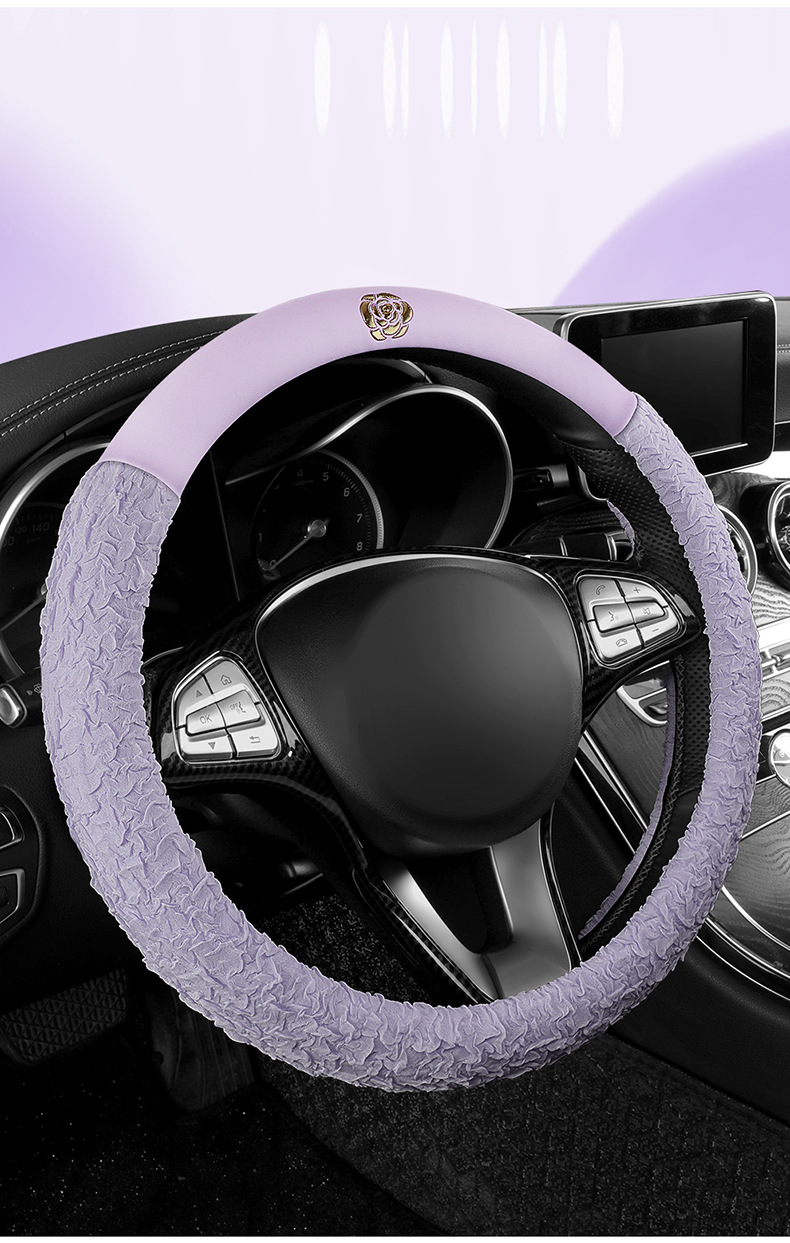 New All-Season Camellia Car Steering Wheel Cover, Delicate, Breathable and Wear-Resistant Pebbled Leather Soft Handle Cover