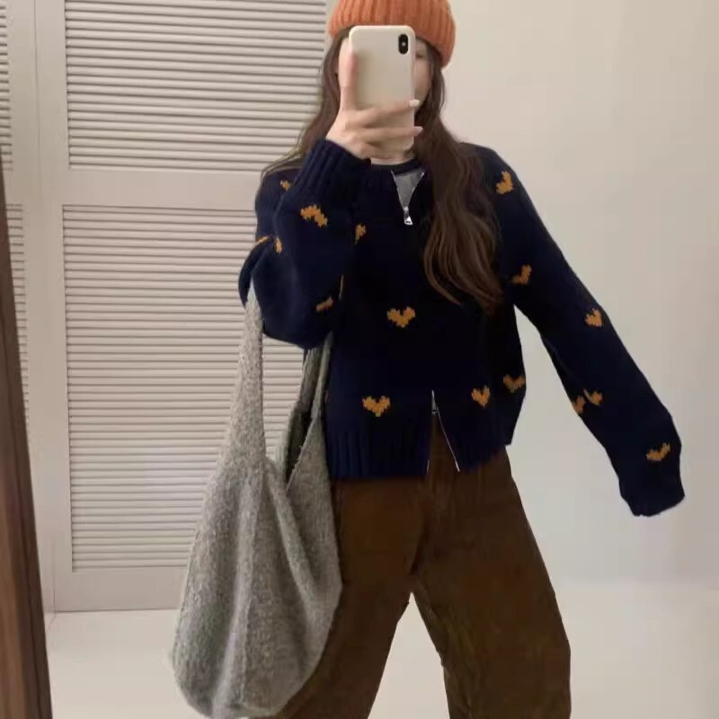韩系2025秋冬新款厚实拉链针织开衫女圆领爱心提花女式毛衣外套潮|undefined