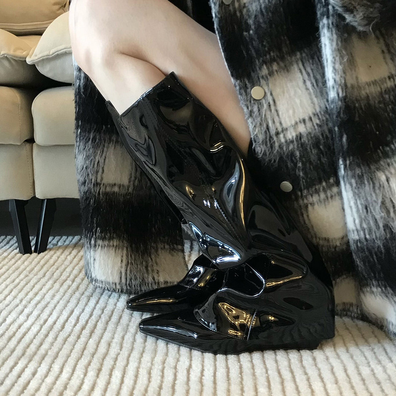Boots Women's knee-high skinny black patent leather pointed wedge pants boots_voghion.com