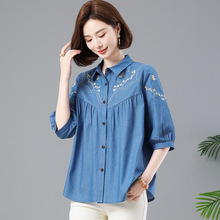 宽松纯棉短袖衬衫衬衣加肥加大码中老年妈妈女装夏装一件代发7162