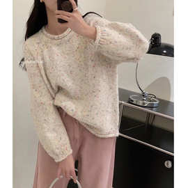 韩系温柔风彩色点点花纱毛衣女秋冬季宽松慵懒圆领杂色针织衫上衣