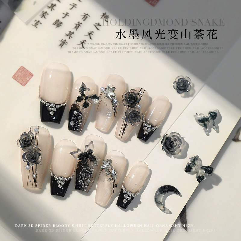 Камелия маникюрные украшения чернил пейзаж становится цветком луны
