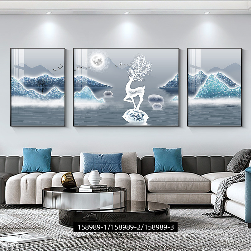 福鹿山水客厅装饰画轻奢高级感沙发背景墙抽象三联挂画高档壁画|undefined