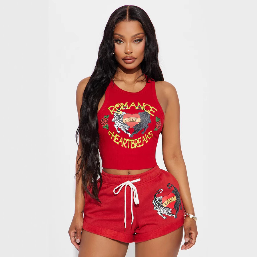 2025 Cross-border European and American Positioning Printed Vest Shorts Casual suit