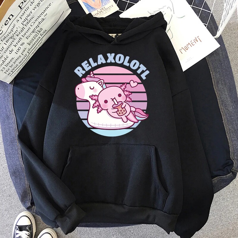 Cross-Border European Size Cute Axolotl Floating in Unicorn Pool Relaxation Hoodie, Aesthetic Hoodie for Women, Unisex