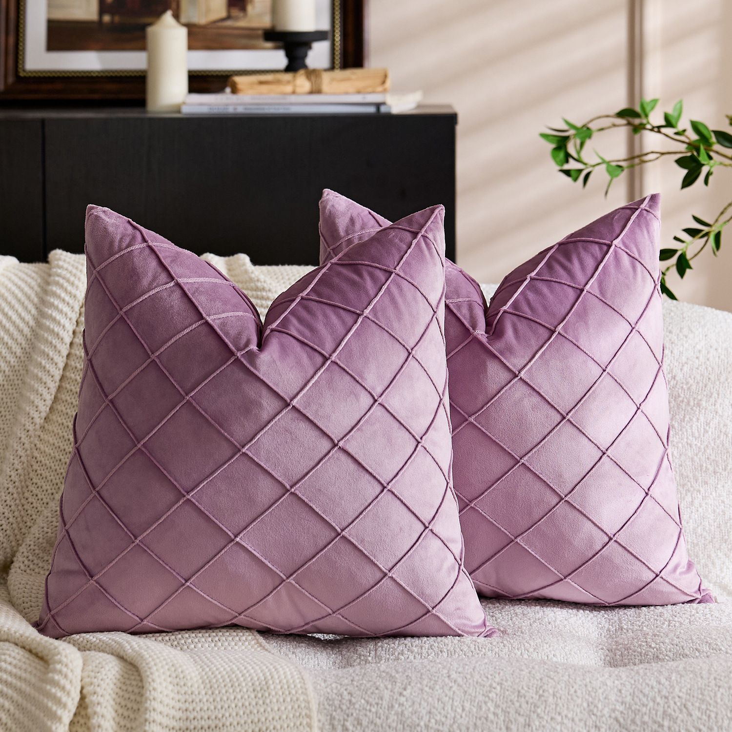 国境を越えた北欧の純色ビロード刺繍の方格子抱き枕カバー