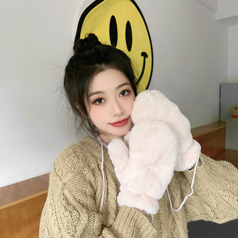 Guantes de felpa de dibujos animados de color sólido estilo INS para mujer, guantes gruesos de invierno para ciclismo para estudiantes, forrados con forro polar, cálidos y resistentes al frío, guantes de dedos completos, estilo INS.