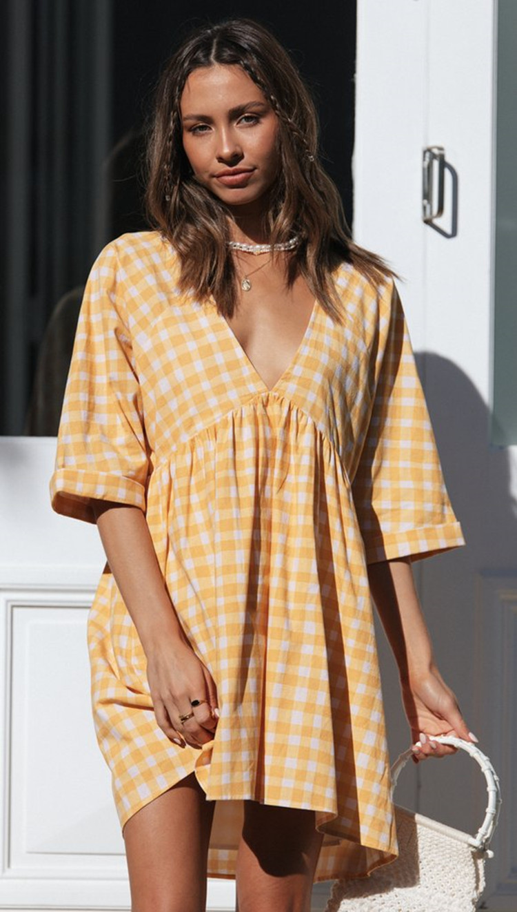 loose short sleeve V-neck plaid dress NSJKW121187