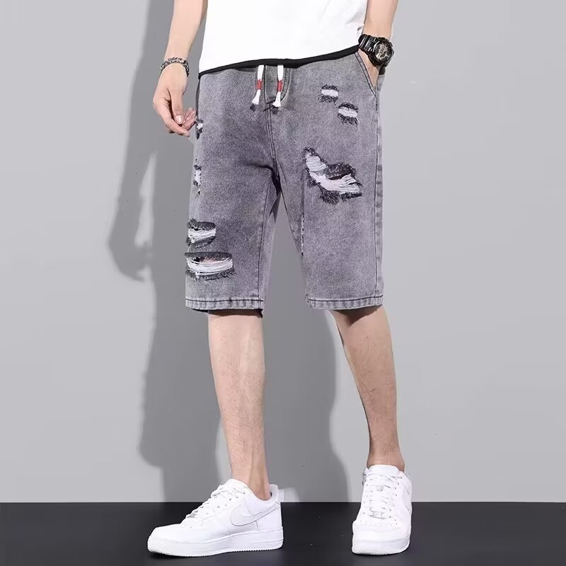 Pantalones cortos de mezclilla rotos para hombres pantalones rectos sueltos delgados de verano de cinco puntos marca de moda pantalones casuales ins 2024 nuevo estilo