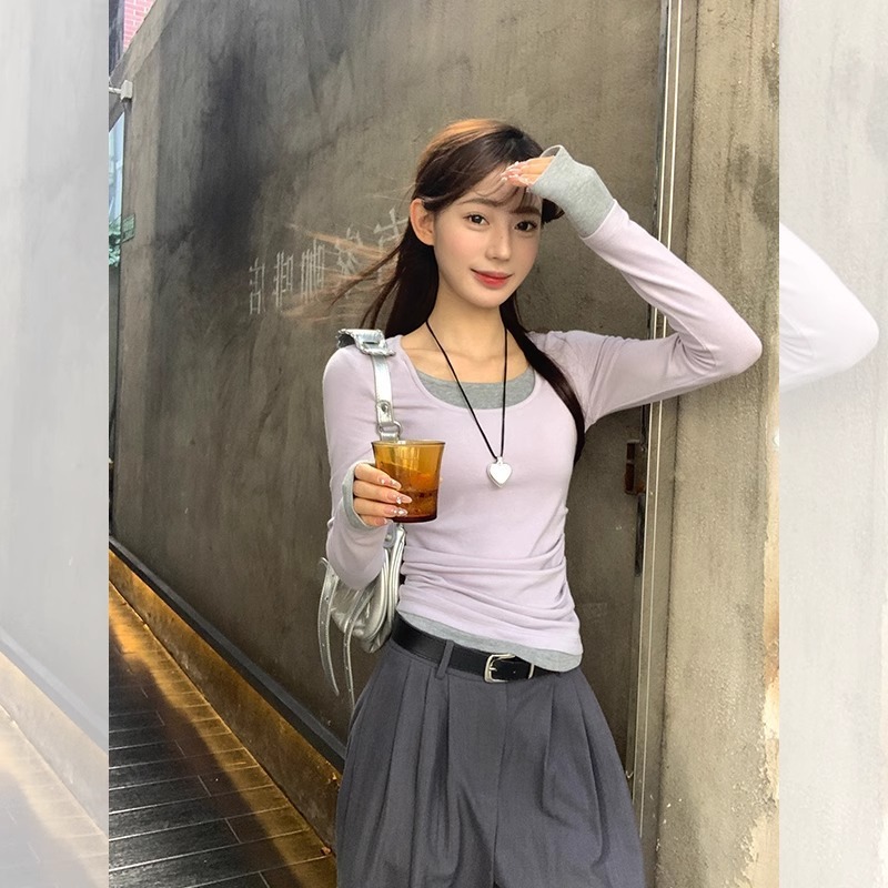 20251*1莫代尔长袖t恤女装薄款2025秋季新款假两件修身圆领打底衫|undefined