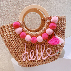 HD2263A15夏季海邊度假旅行手提包ins潮流辣妹撞色毛球字母草編包