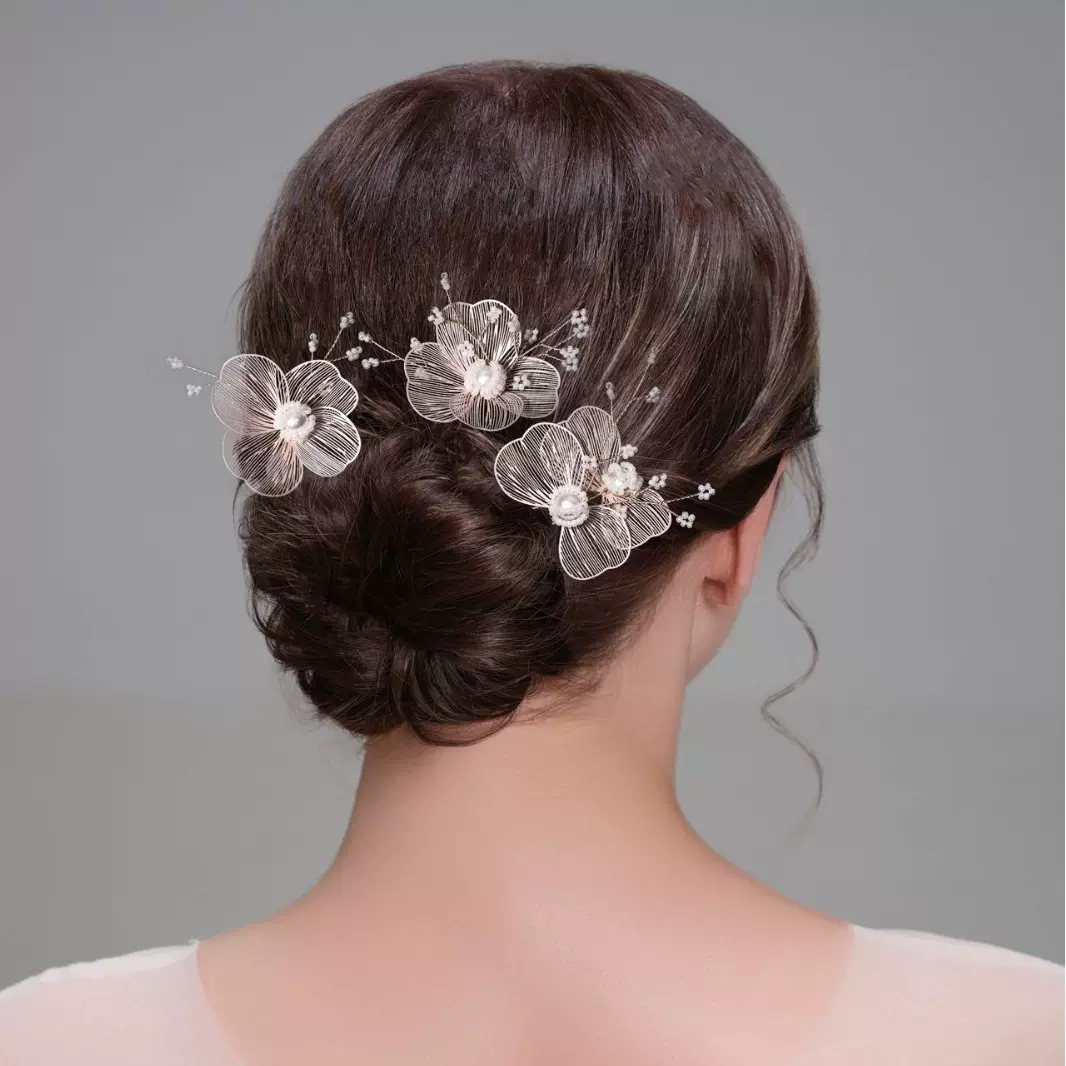 手工珍珠发叉韩系唯美金丝花瓣发饰套装新娘结婚头饰秀禾礼服发簪