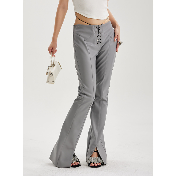 2024 spring new PU leather pants lace-up high waist slim slimming original niche street women's pants 4105119