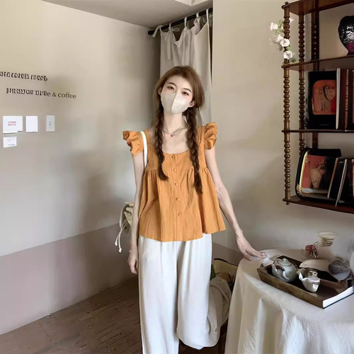 Hot girl 2025 plaid solid color exposed navel new square collar shirt chiffon French short Feifei sleeves short-sleeved summer dress