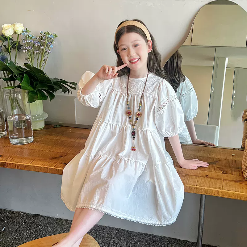 女儿童民族风白裙子洋气蕾丝公主长裙大童甜美连衣裙2025夏装新款