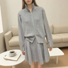 韩系外贸针织两件套女秋冬双拉链毛衣＋高腰百褶短裙学院风裙套装