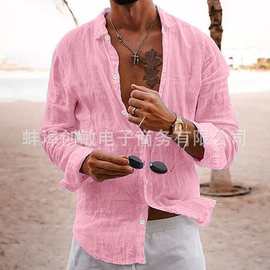 跨境外贸货源衬衫男2026新款纯色宽松单排扣翻领棉麻长袖上衣衬衣